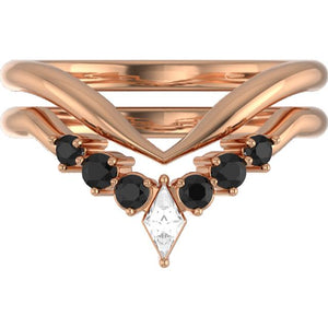 Ladies 14kt rose gold matching wedding bands w kite and round black diamonds